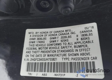 2018 Honda Civic Si z USA, uszkodzony, nr VIN 2HGFC3A55JH755821